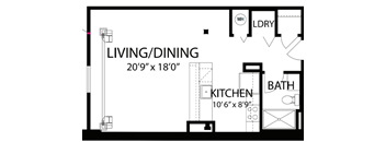A floor plan of a living/dining area that is 20 feet by 18 feet.