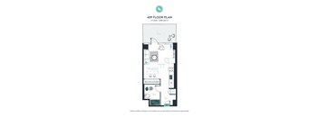 A floor plan of a studio apartment with one bathroom.