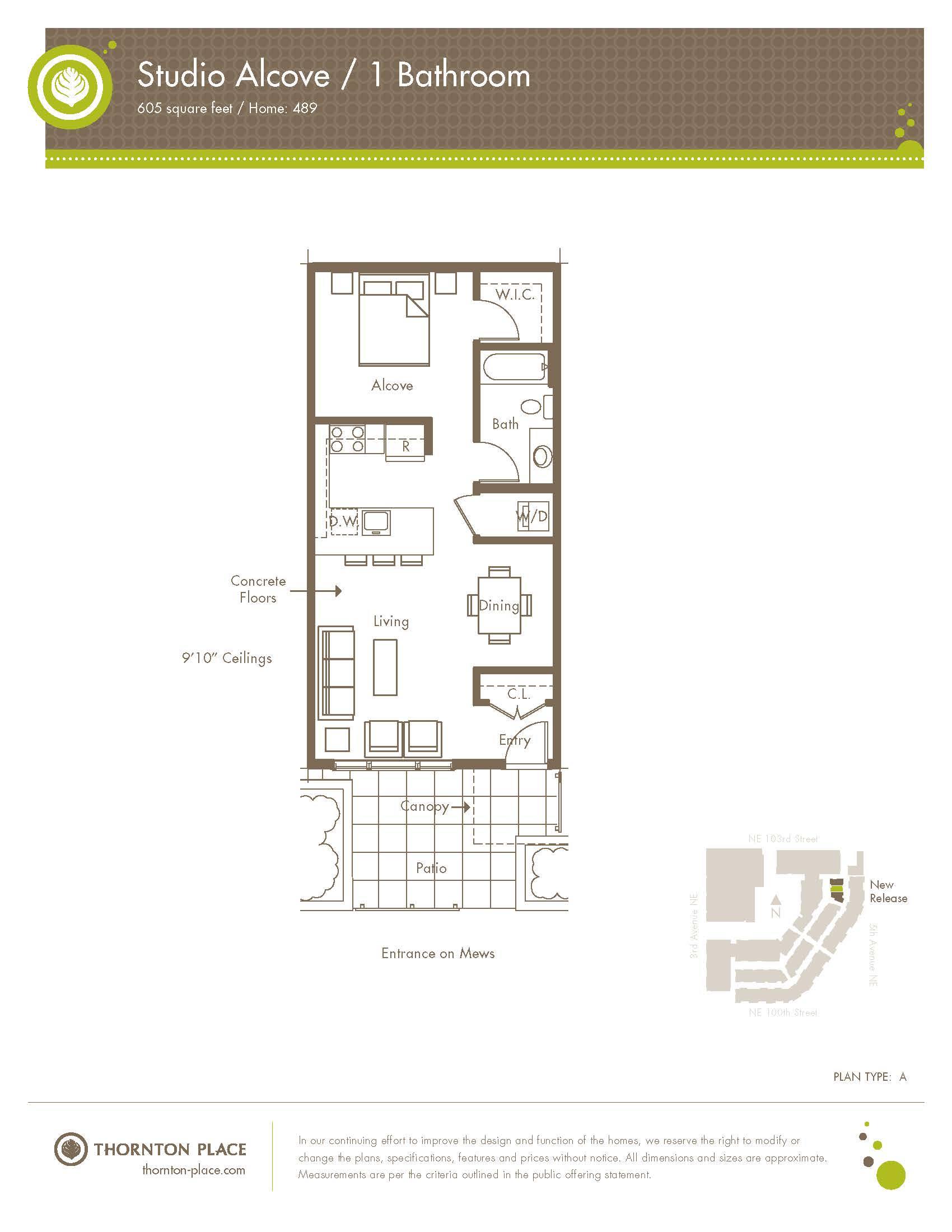 A floor plan for Studio Alcove / 1 Bathroom showing the layout of the space.