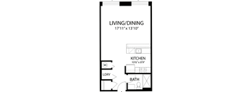 A floor plan of a living/dining area that is 17'11" x 13'10" with a kitchen, bathroom, and laundry room.