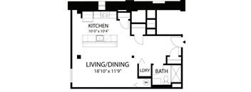 A floor plan of a home with a kitchen, living/dining area, and bathroom.