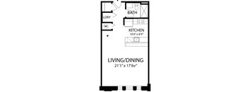 A floor plan of a small apartment with a living/dining area, kitchen, and bathroom.