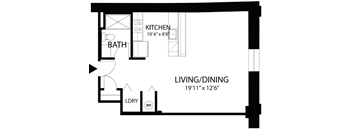 A floor plan of a living and dining area with a kitchen and bath.
