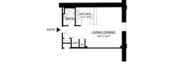 A floor plan of a small apartment with a living room, kitchen, and bathroom.