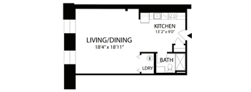 A floor plan of a living/dining area that is 184"x181" with a kitchen and bathroom.