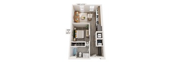 A floor plan of a small apartment with a kitchen, living room, and bathroom.