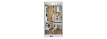 A 3D rendered image of a small apartment layout.
