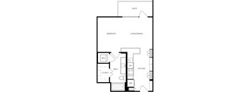 A floor plan of a house with a patio, bedroom, living/dining area, kitchen, bathroom, and pantry.