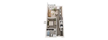 A floor plan of a small apartment with a kitchen, living room, and bathroom.