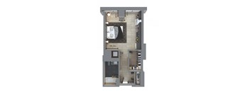 A 3D rendered image of a small apartment layout.