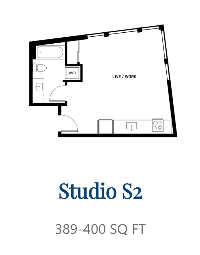 A floor plan for Studio S2 is shown, which is 389-400 square feet.