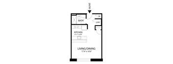 A floor plan of a small apartment with a living/dining area, kitchen, and bathroom.