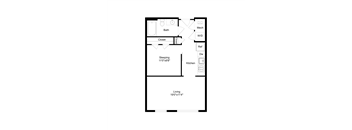 A floor plan of a small apartment with a sleeping area, kitchen, and bathroom.