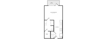 A floor plan of a home with a living room, kitchen, and walk-in closet.