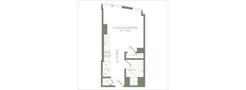 A floor plan of a small apartment with a living/sleeping area, kitchen, and bathroom.