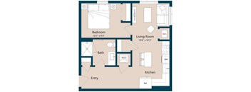 A floor plan of a small apartment with a bedroom, living room, kitchen, bathroom, and entry.