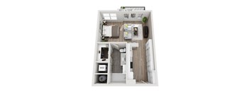A top down view of a small apartment with a kitchen, living room, and bathroom.