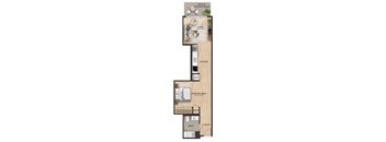 A floor plan of a small apartment with a living area, kitchen, sleeping area, and bathroom.