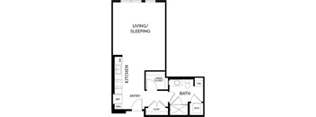 A black and white image of a floor plan for a small apartment.