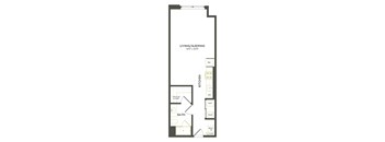 A floor plan of a living/sleeping area with a kitchen and bath.
