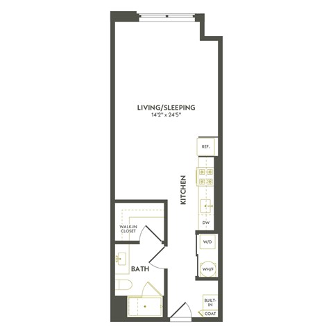 A floor plan of a living/sleeping area with a kitchen and bath.