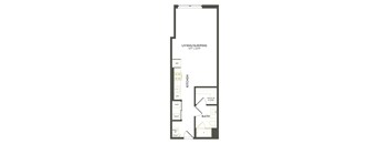 A floor plan of a one bedroom apartment with a living/sleeping area, kitchen, bathroom, and walk-in closet.
