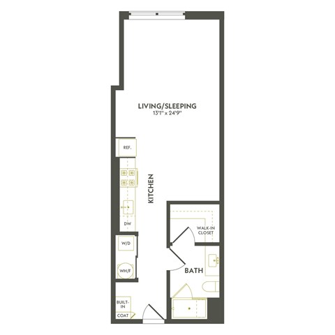 A floor plan of a one bedroom apartment with a living/sleeping area, kitchen, bathroom, and walk-in closet.