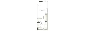 A floor plan of a home with a living/sleeping area, kitchen, bathroom, and walk-in closet.