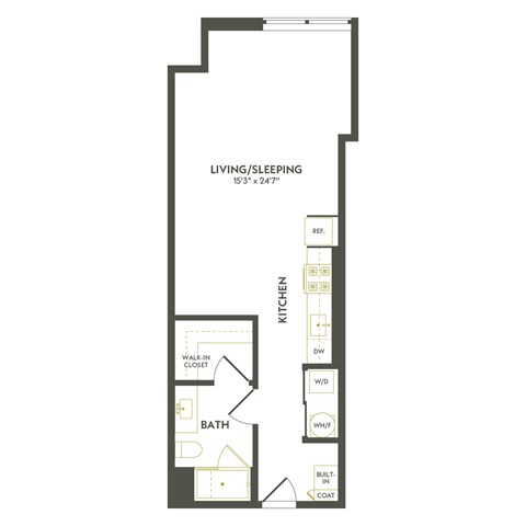 A floor plan of a home with a living/sleeping area, kitchen, bathroom, and walk-in closet.
