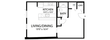 A floor plan of a small apartment with a kitchen, bathroom, and living/dining room.