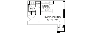 A floor plan of a small apartment with a living room, kitchen, and bathroom.