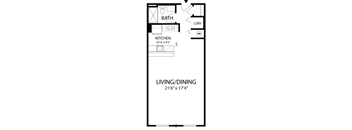 A floor plan of a small apartment with a living and dining area of 21 feet by 17 feet.