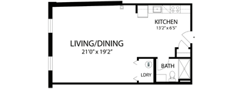 A floor plan of a living/dining area with a kitchen and bath.