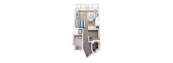 A top-down view of a small apartment with a bed, a couch, a dining table, and a kitchenette.