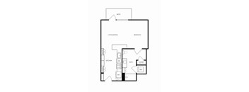 A black and white drawing of a house layout with a pantry, living/dining area, kitchen, bathroom, bedroom, and closet.