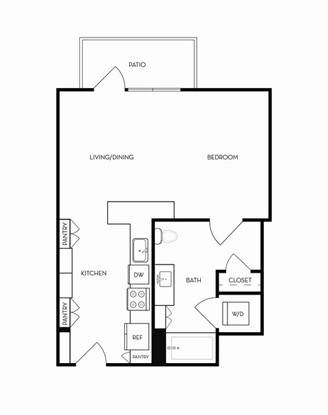 A black and white drawing of a house layout with a pantry, living/dining area, kitchen, bathroom, bedroom, and closet.
