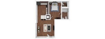 A small room with a bed, a couch, a table, and a chair.