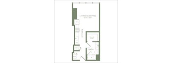 A floor plan of a small apartment with a living/sleeping area, kitchen, and bathroom.