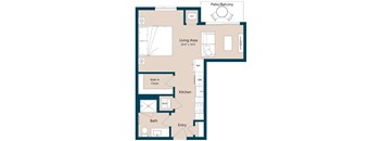 A floor plan of a home showing a living area, kitchen, bathroom, and other rooms.