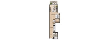 A floor plan of a small apartment with a living area, kitchen, bathroom, and sleeping area.