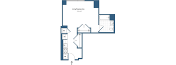 A floor plan of a living/sleeping area with a bed, a desk, and a wardrobe.