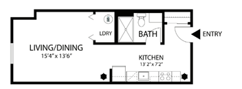 A black and white floor plan of a living/dining area, kitchen, and bathroom.