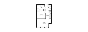 A floor plan of a small apartment with a sleeping area, kitchen, and bathroom.