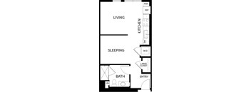 A floor plan of a small apartment with a living room, kitchen, sleeping area, bathroom, and entry.