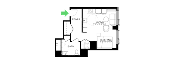 A floor plan of a house with a foyer, bath, living room, and sleeping area.