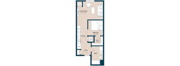 A floor plan of a small apartment with a living room, kitchen, bedroom, and bathroom.