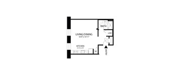 A floor plan of a small apartment with a living/dining area, kitchen, bathroom, and laundry room.