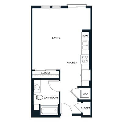 A floor plan of a small apartment with a living room, kitchen, bathroom, and two closets.