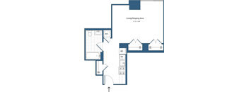 A floor plan of a living and sleeping area with a bathroom and kitchen.