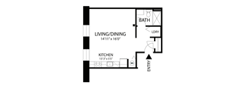 A floor plan of a living area with a kitchen and bathroom.